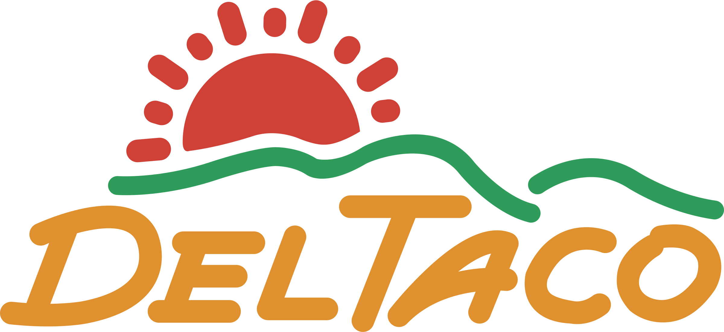 Del Taco logo with stylized orange and white text, a red sun, and a green wave above.
