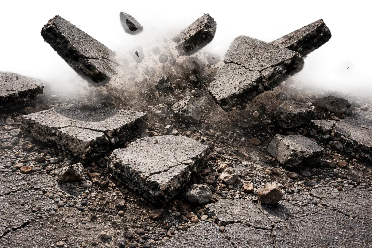 Chunks of broken concrete and dust flying above cracked gravel surface.