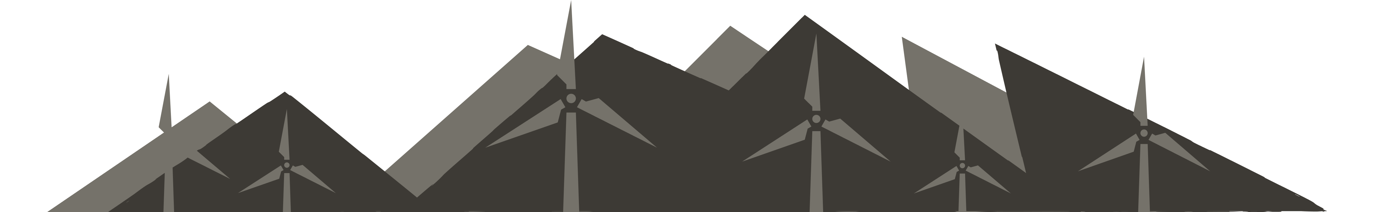 Silhouette of six wind turbines in front of mountain shapes on a transparent background.