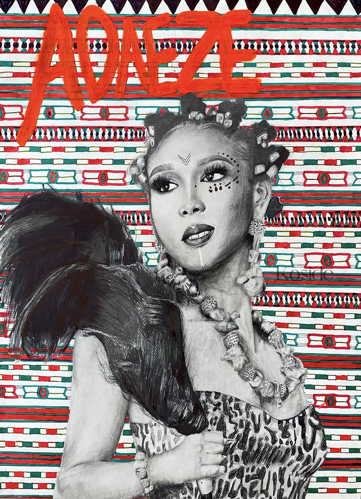 Artistic portrait of a woman with braided hair, tribal face marks, and leopard print clothing holding a horsetail, with a colorful akwete  fabric background and the word ADAEZE in bold orange letters above.