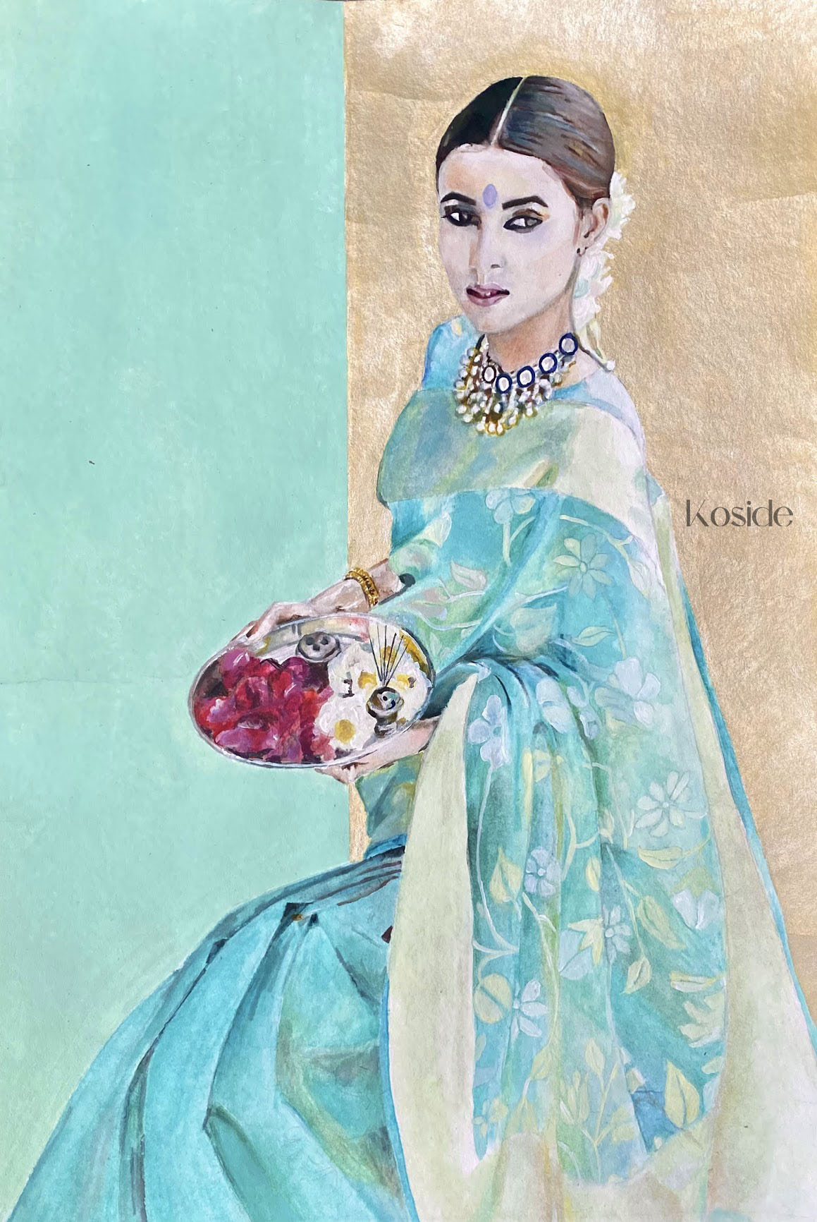 Painting of a woman in a teal floral sari holding a plate with flowers and incense sticks.
