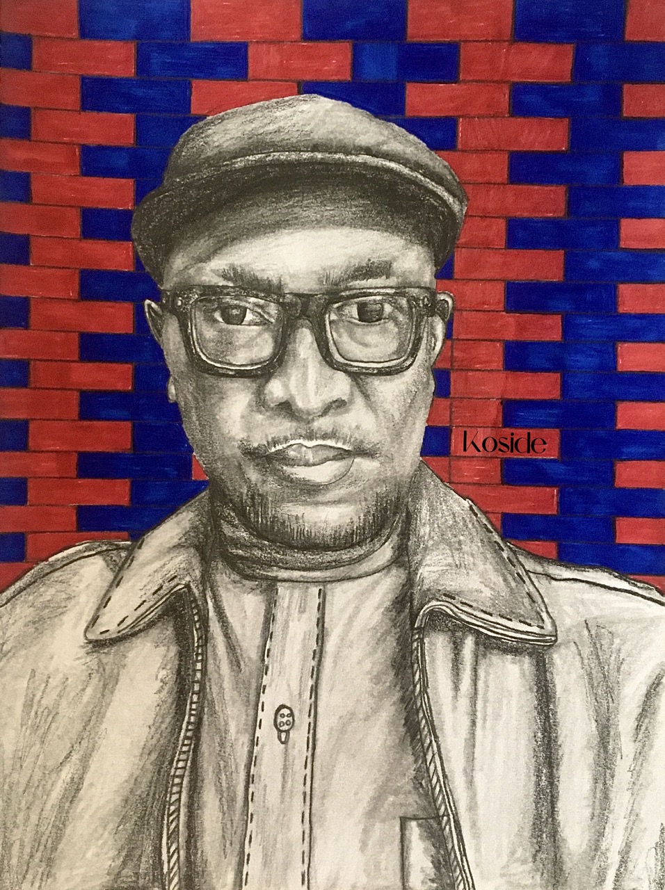 Detailed pencil sketch portrait of a man wearing glasses, a flat cap, and a collared jacket against a red and blue brick pattern.