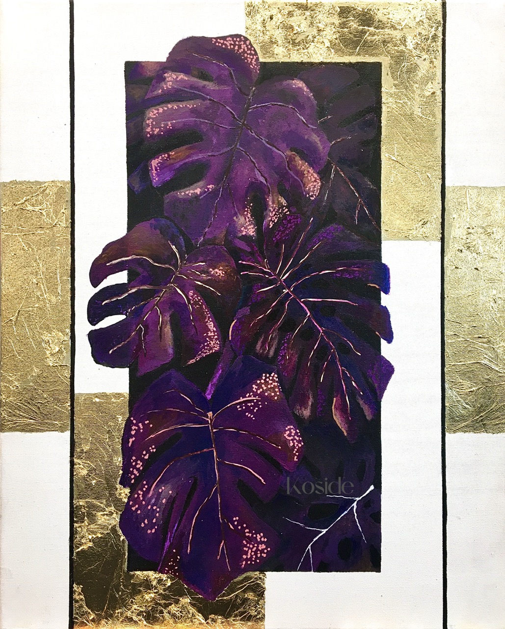 Artwork featuring dark purple monstera leaves with gold accents centered on a textured gold and white background.