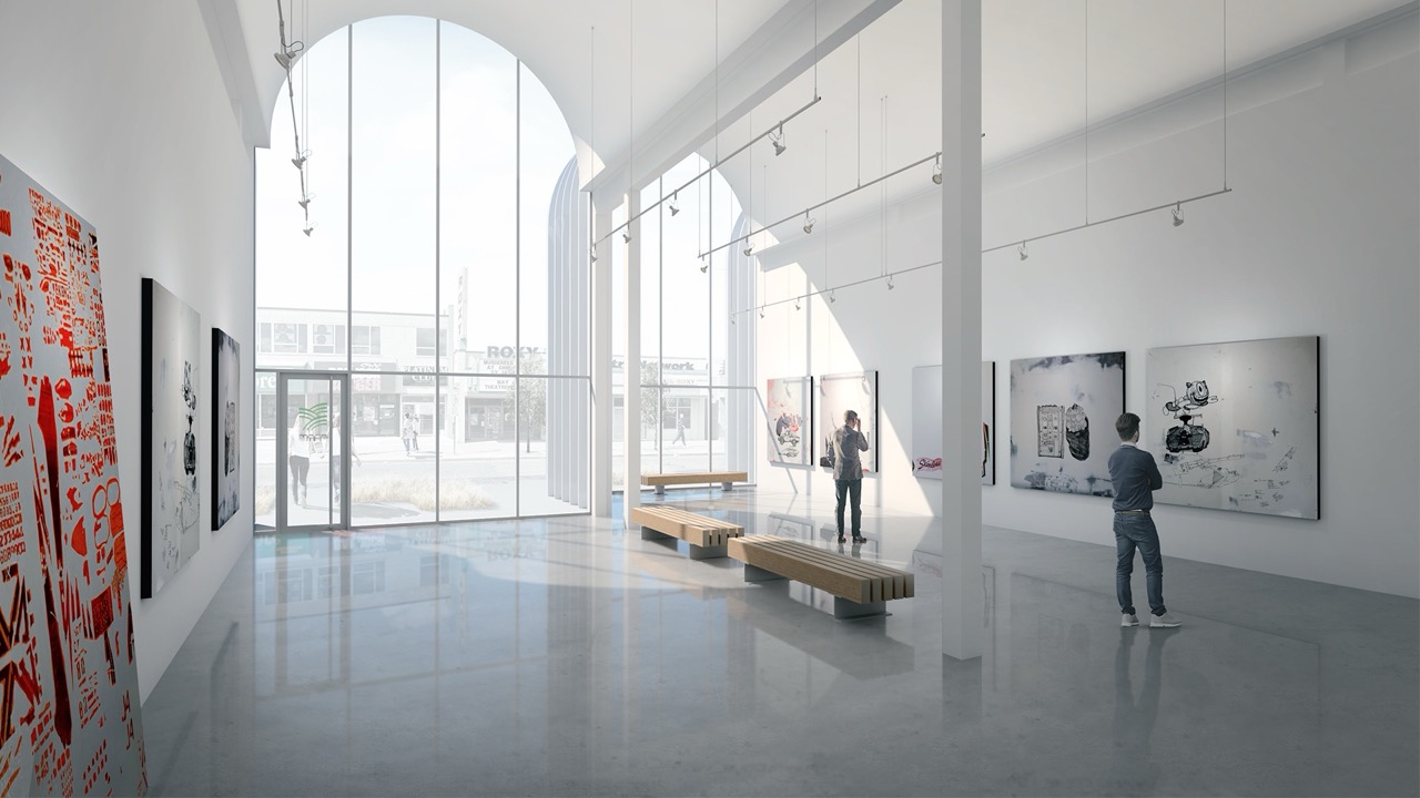 Bright modern art gallery with large arched windows, displaying abstract paintings and two people observing the artwork.