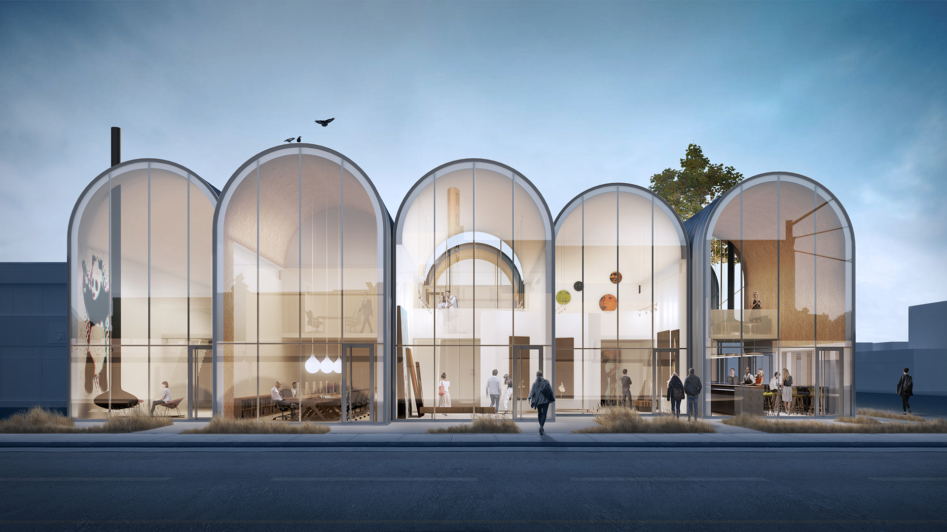 Modern building with five large arched glass sections showing people inside engaged in various activities.