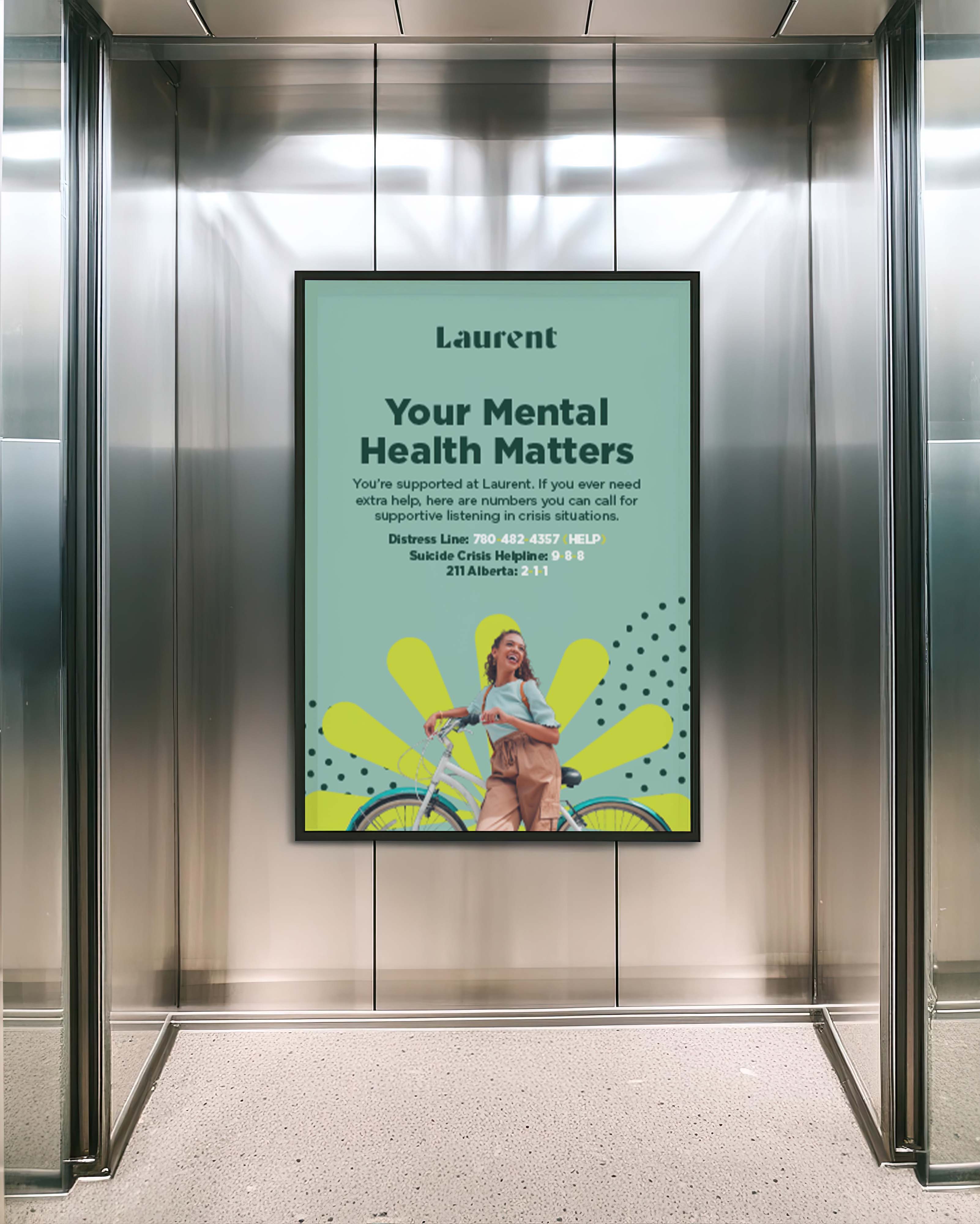Elevator interior with a mental health support poster showing a woman with a bicycle and crisis helpline numbers.