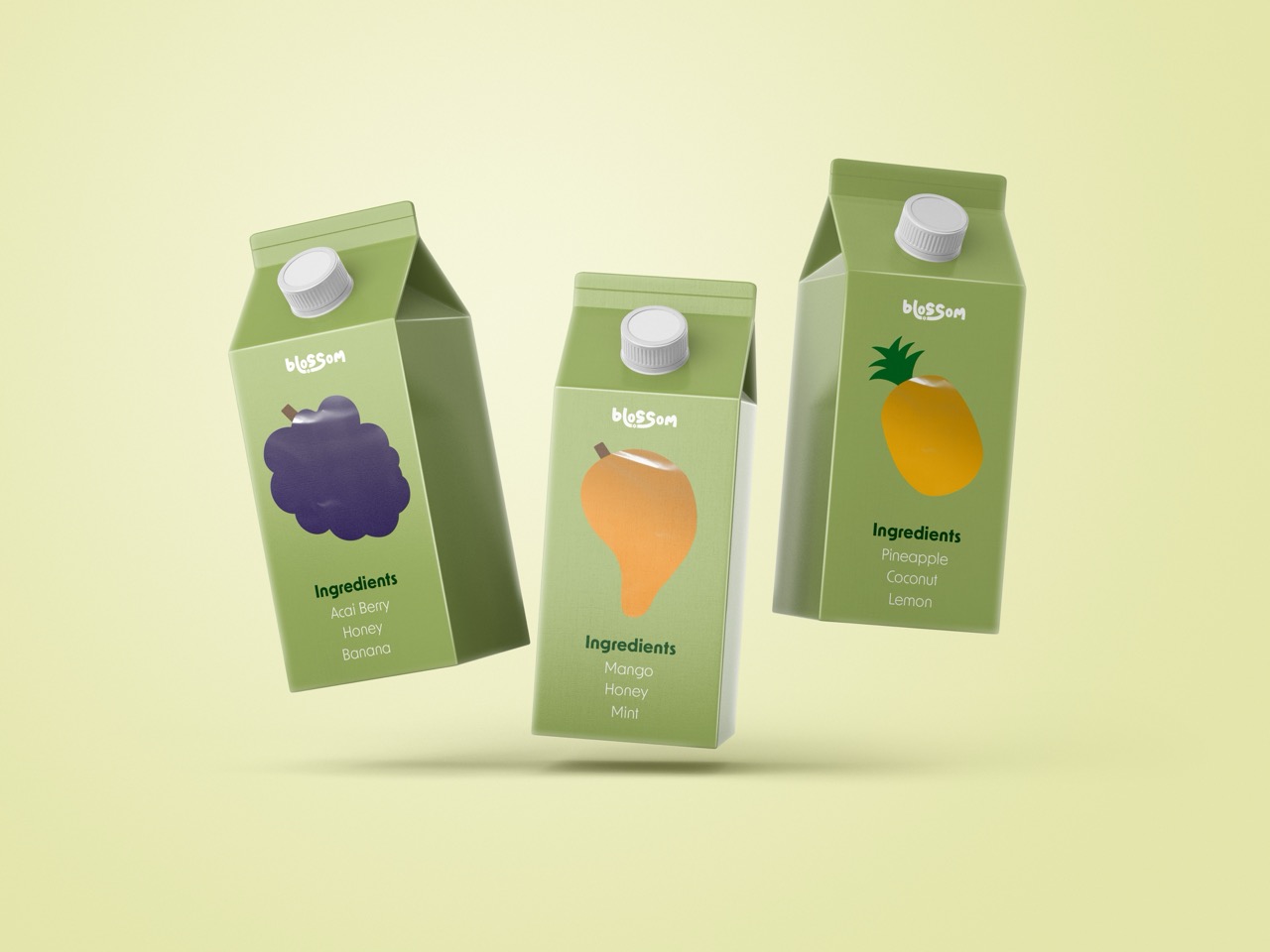 Three green Blossom brand juice cartons with ingredients: acai berry, mango, & pineapple.