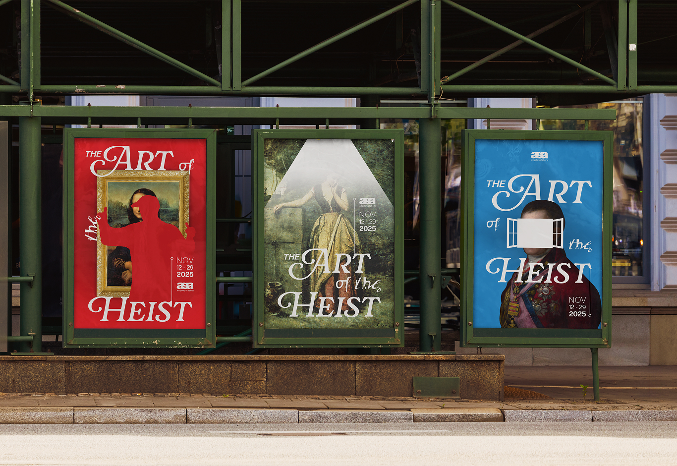 Three posters for 'The Art of the Heist' exhibition, each classical art and a silhoeutte of how it was stolen.