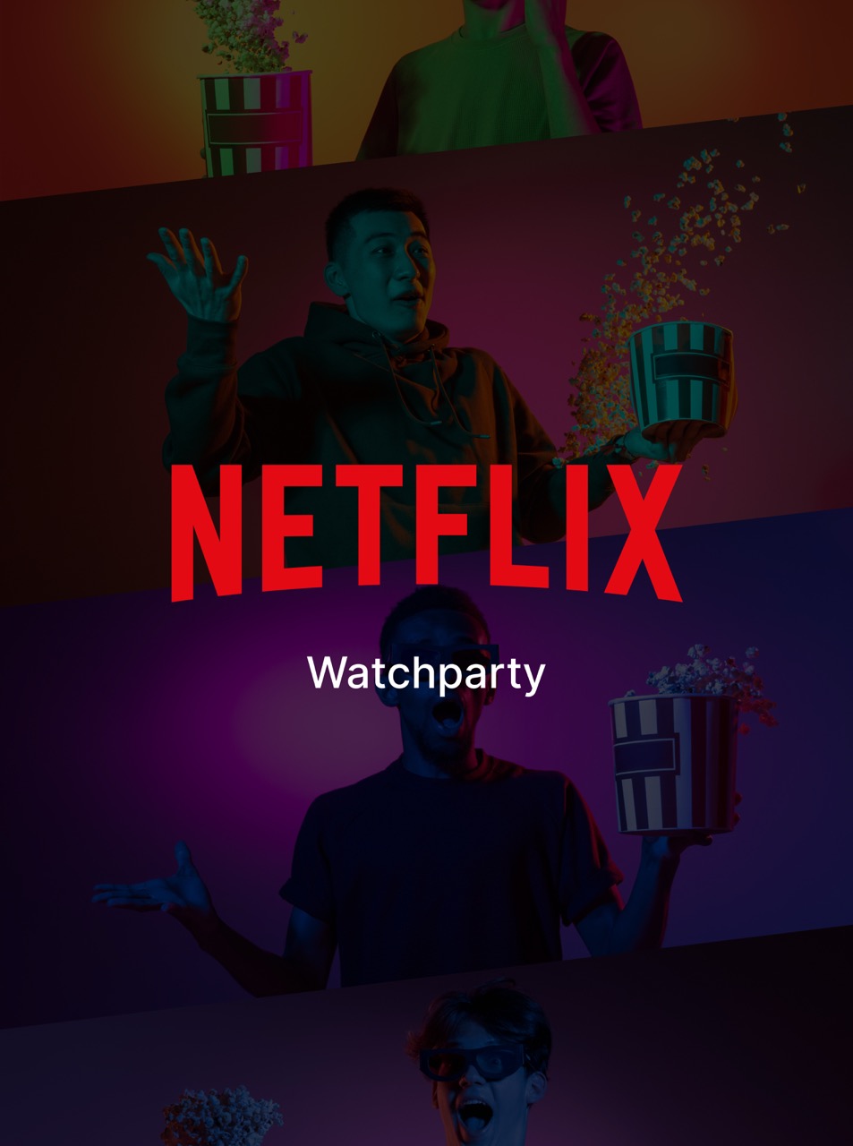 Three people reacting excitedly while holding popcorn buckets under colorful lighting with "Netflix Watchparty" headline.