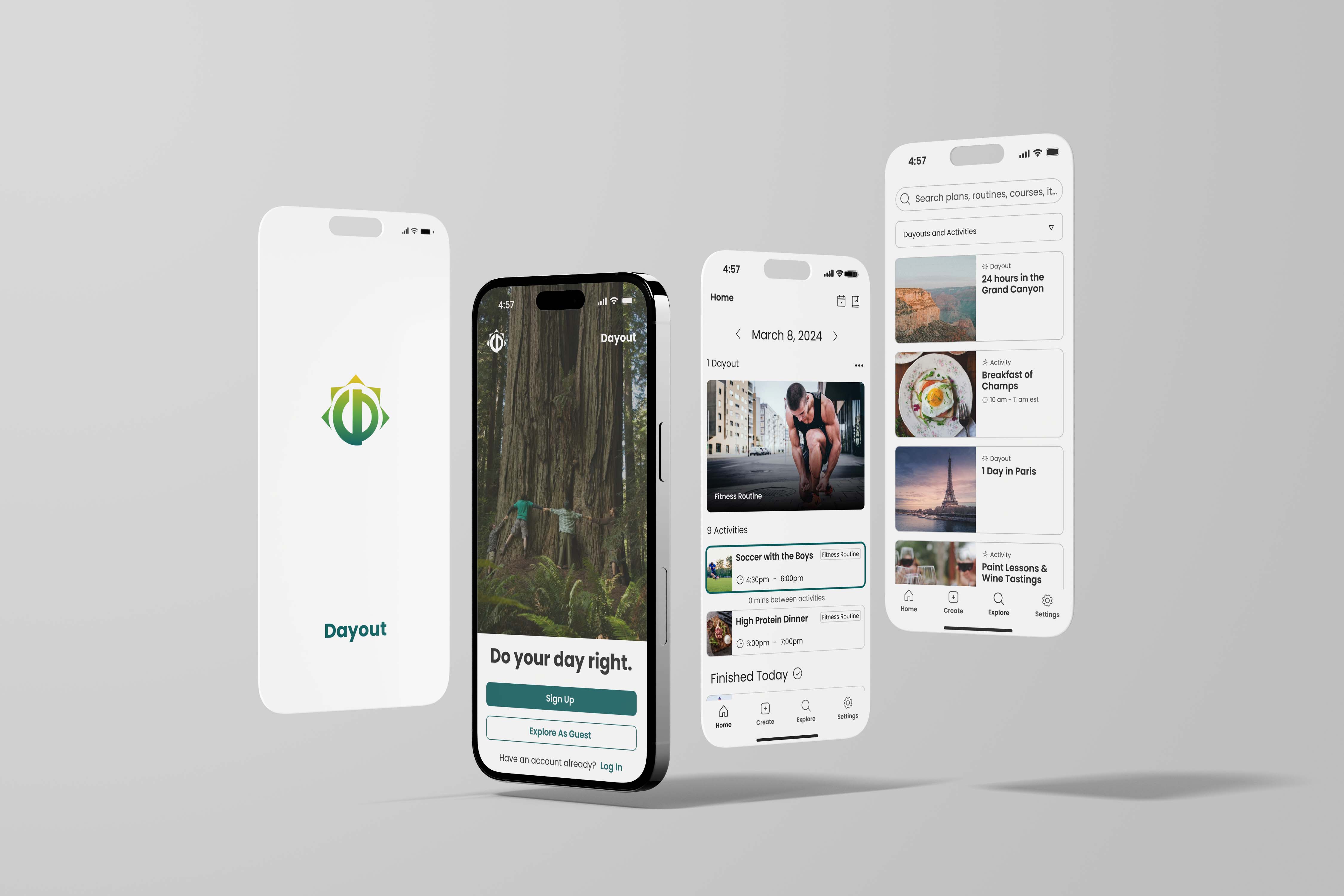 Four smartphone screens showing the Dayout app interface with logo, signup page, daily schedule, and explore search.