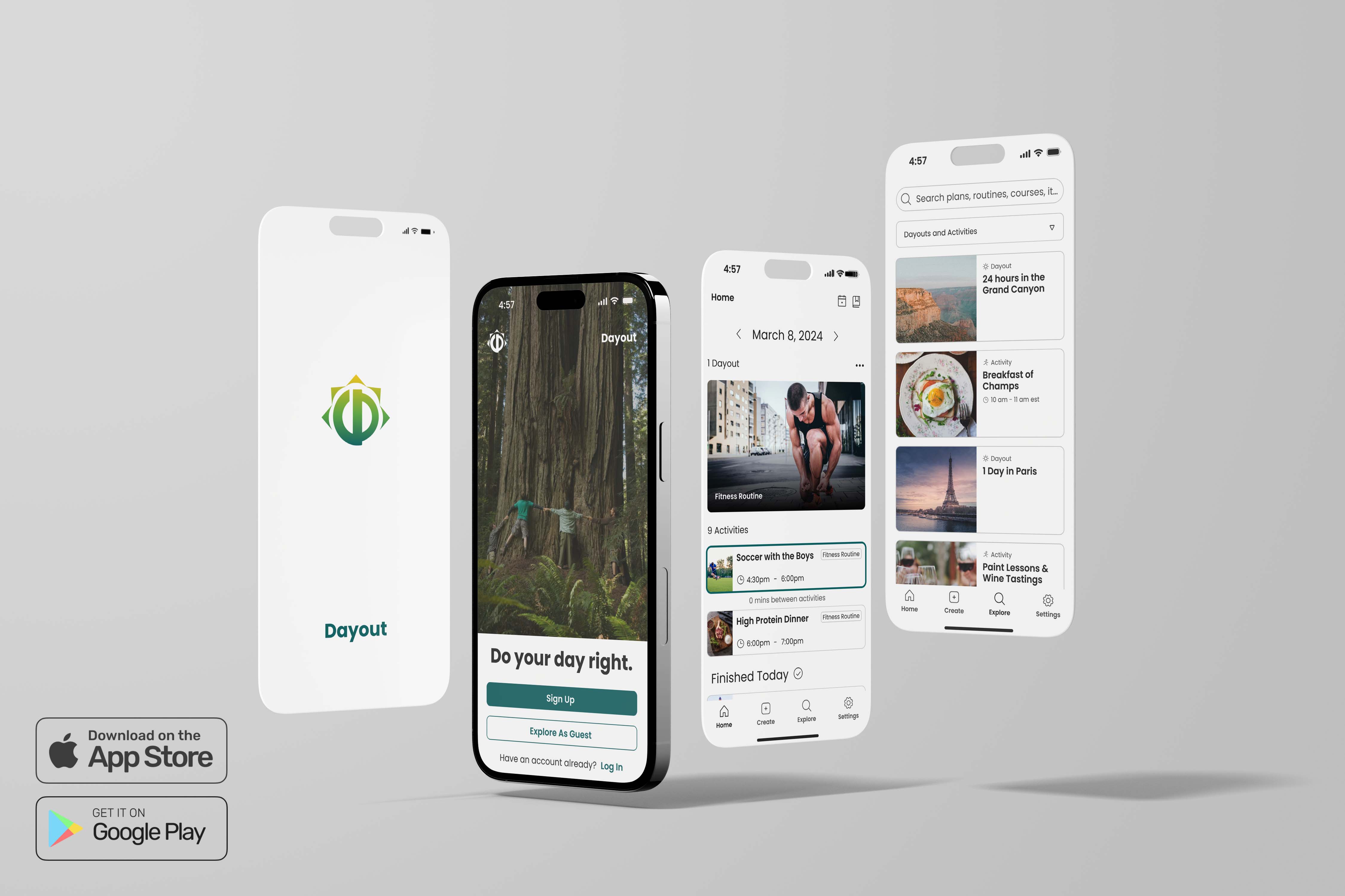 Four smartphone screens showing the Dayout app interface with logo, signup page, daily schedule, and explore search.