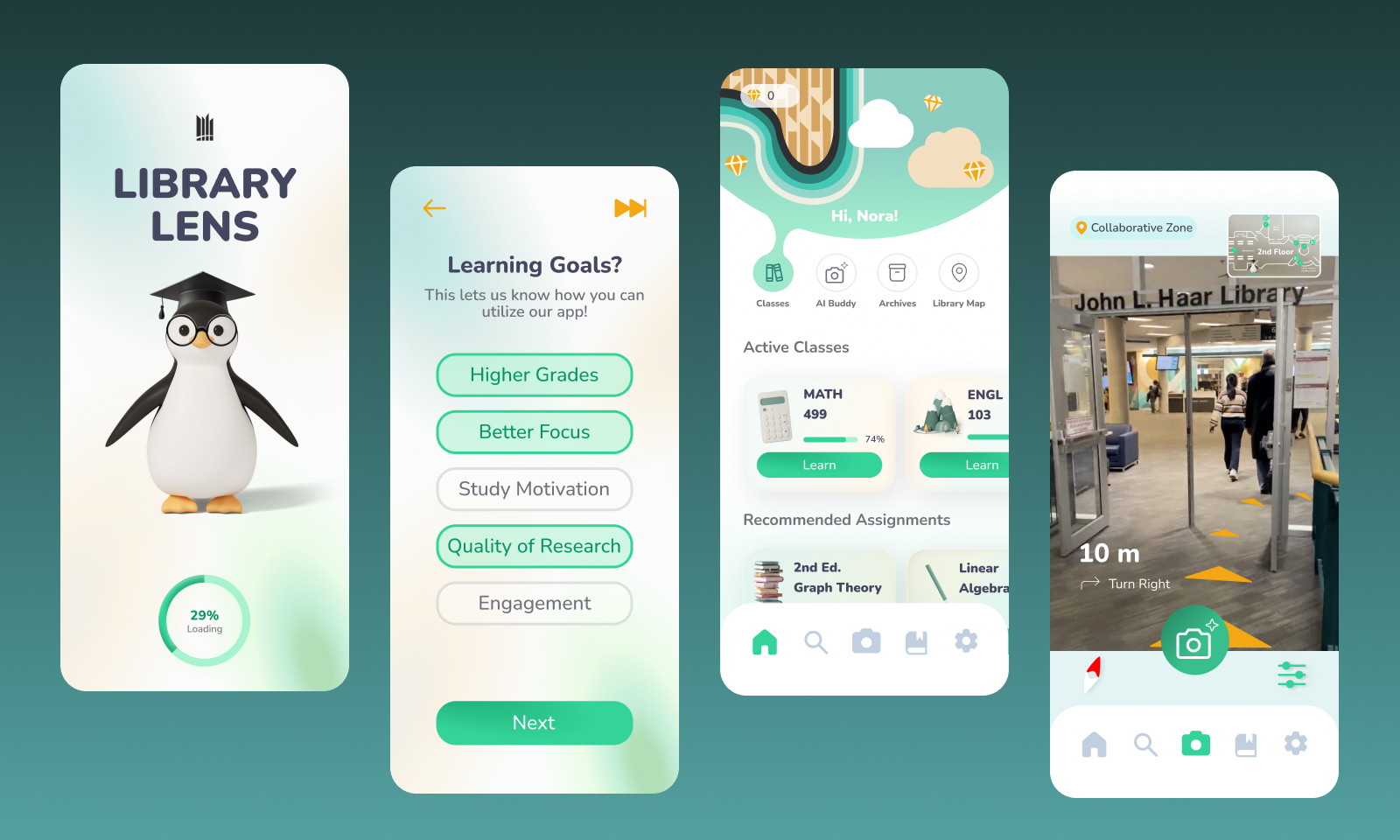 Four mobile app screens for Library Lens: loading screen with a penguin wearing glasses and graduation cap; learning goals selection with options; dashboard showing active classes and recommended assignments; AR navigation inside camera