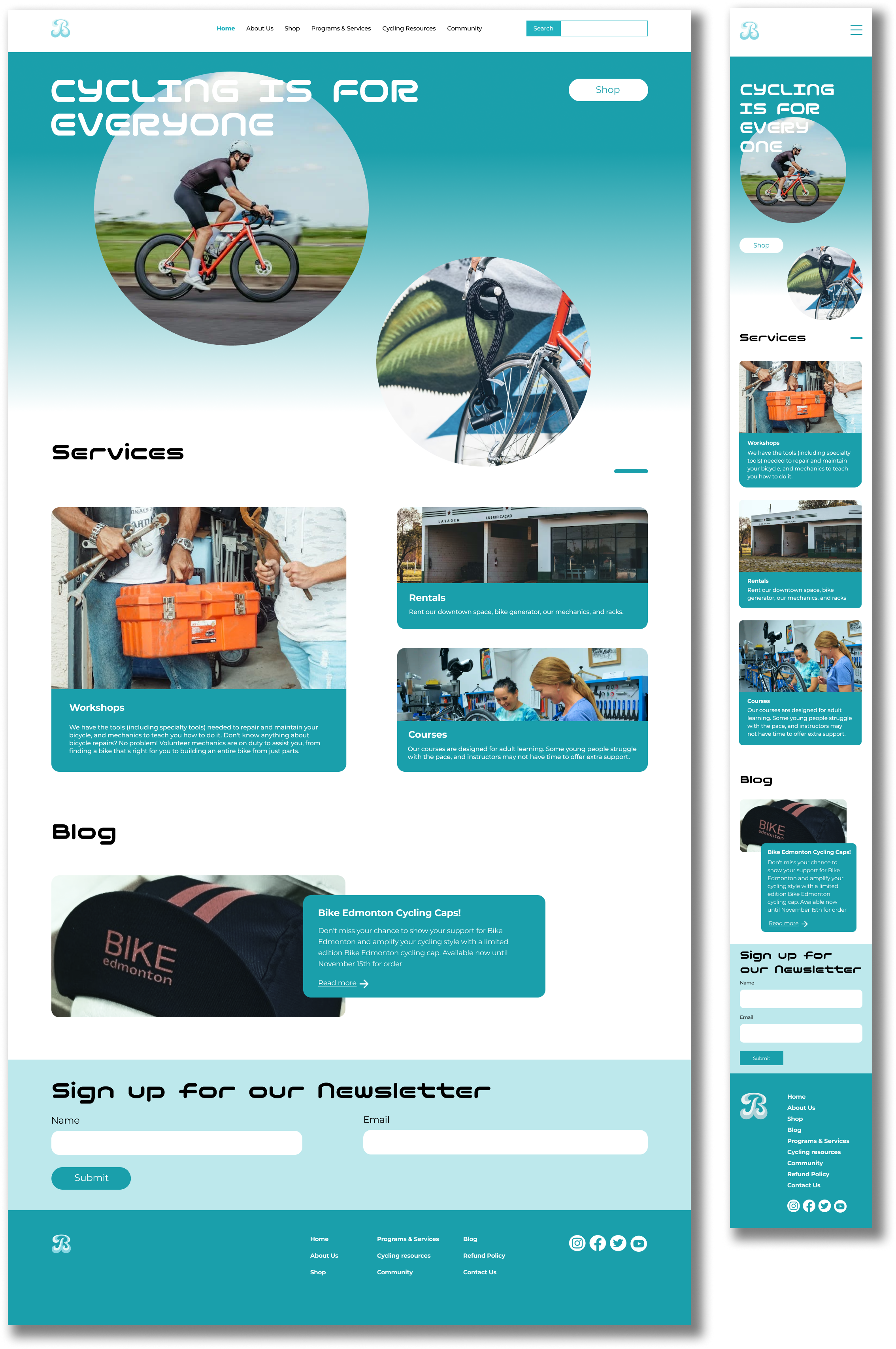 Desktop and mobile view homepage showing cycling services with images of a cyclist, , rentals, courses, blog post, and newsletter sign-up form.
