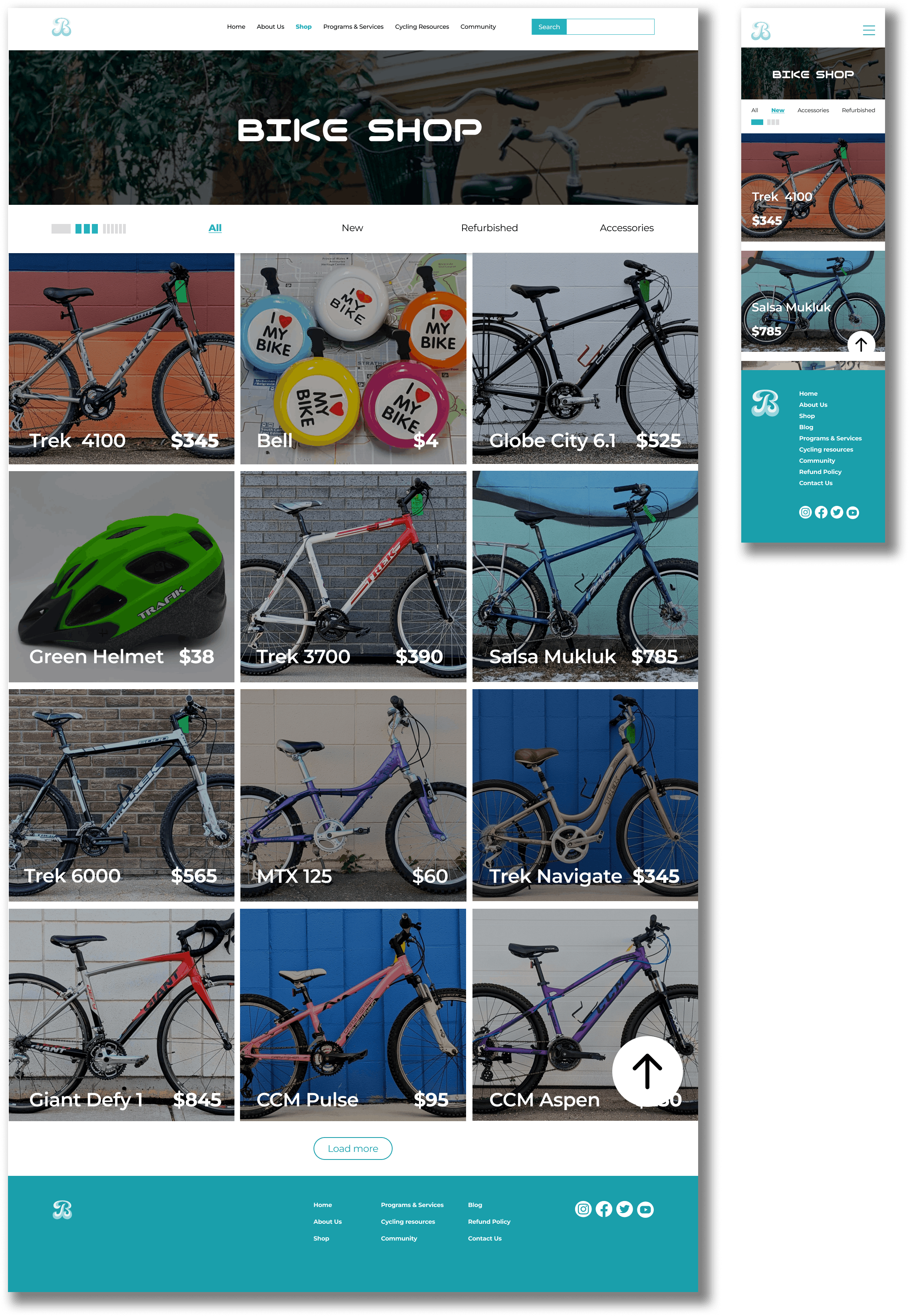 Desktop and mobile view of bike shop webpage showing various bicycles and accessories with prices