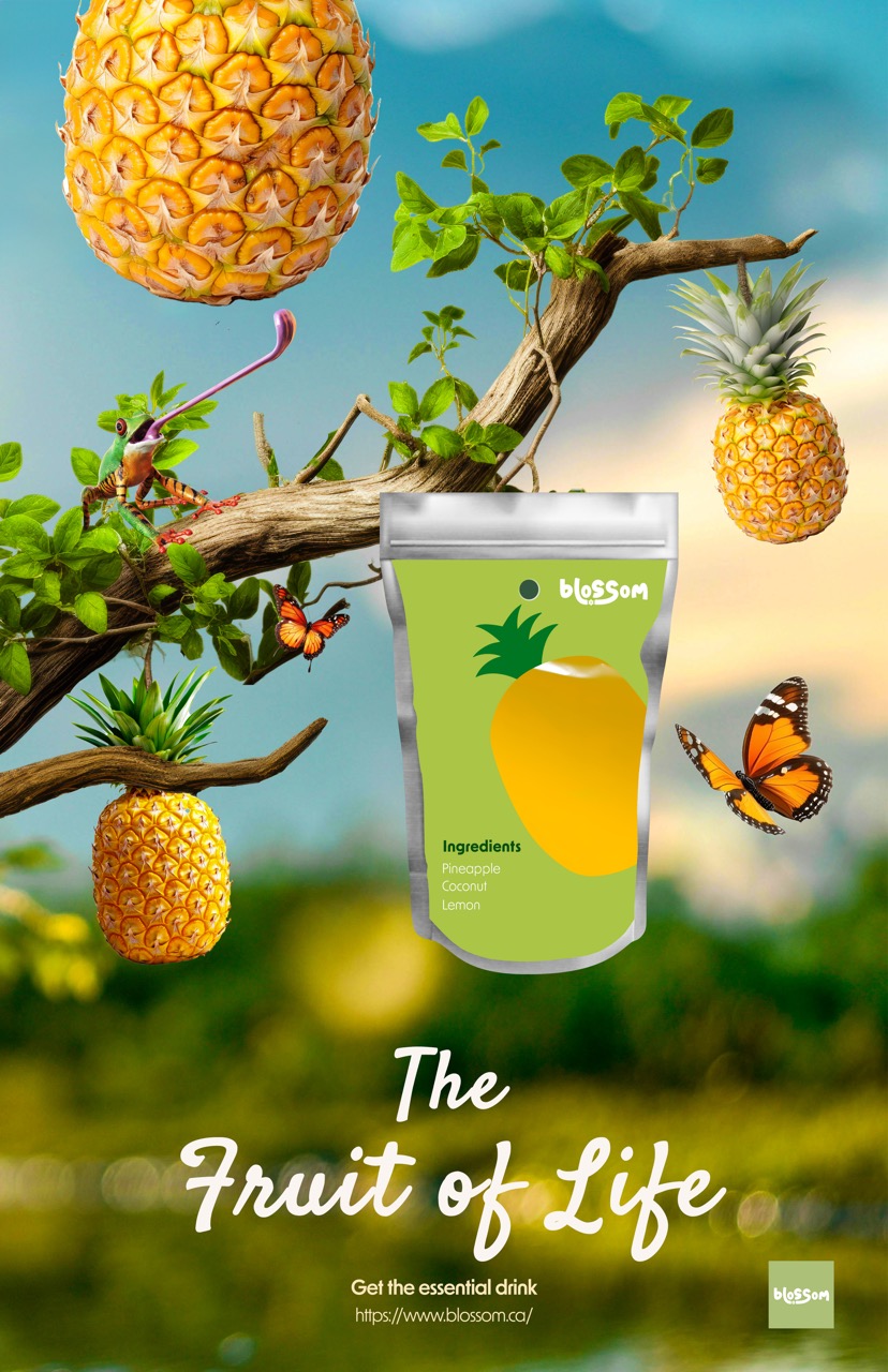 Package of Blossom pineapple drink surrounded by pineapples, a frog, and butterflies on a tree branch with the text 'The Fruit of Life'.