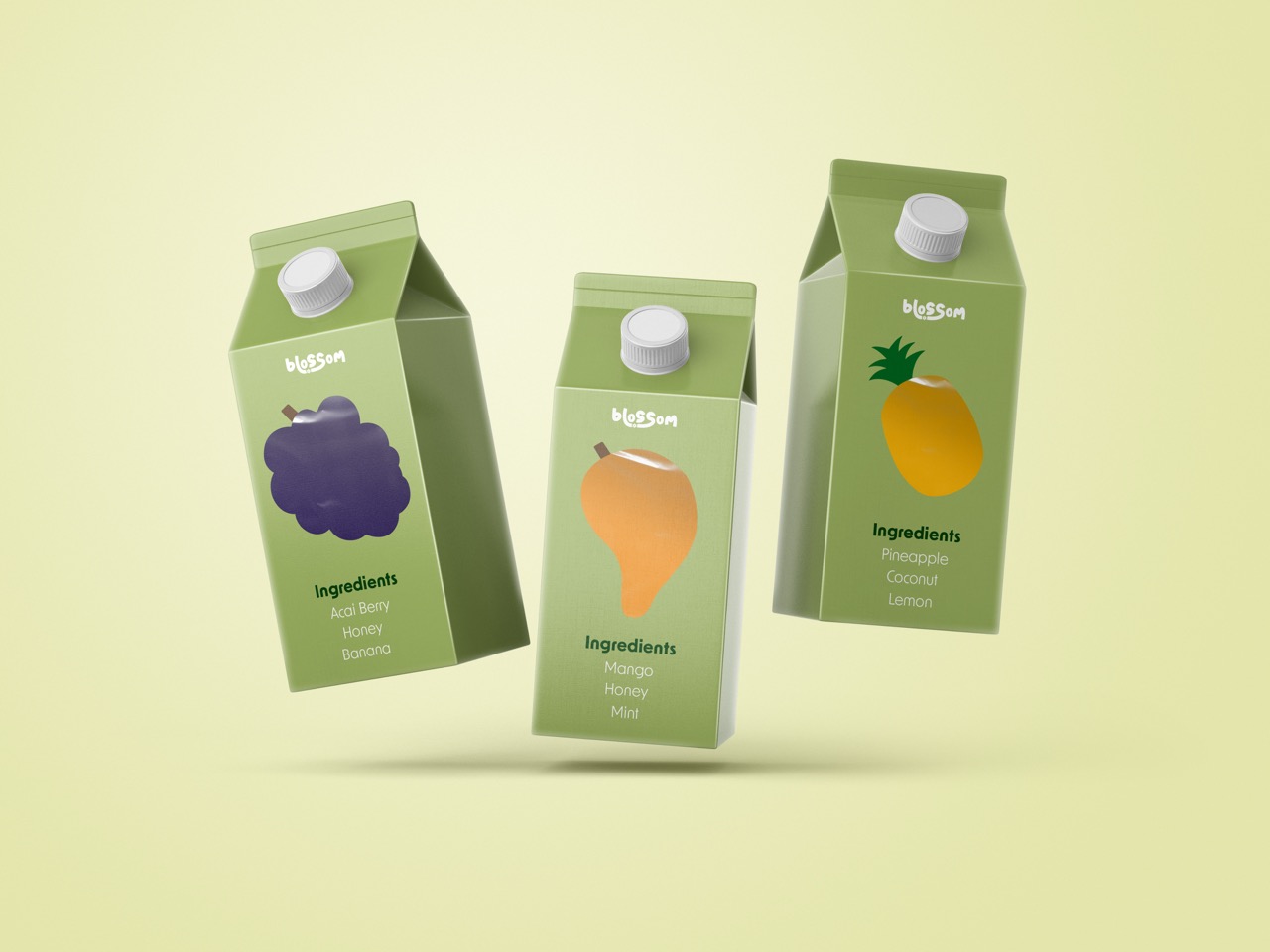 Three green Blossom brand juice cartons with ingredients: acai berry, mango, & pineapple.