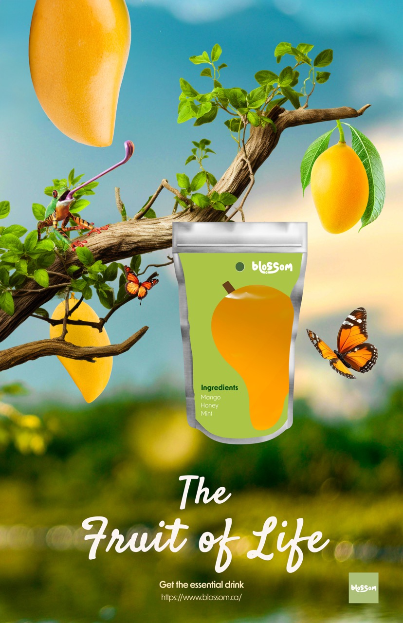 Package of Blossom mango drink surrounded by mangoes, a frog, and butterflies on a tree branch with the text 'The Fruit of Life'.