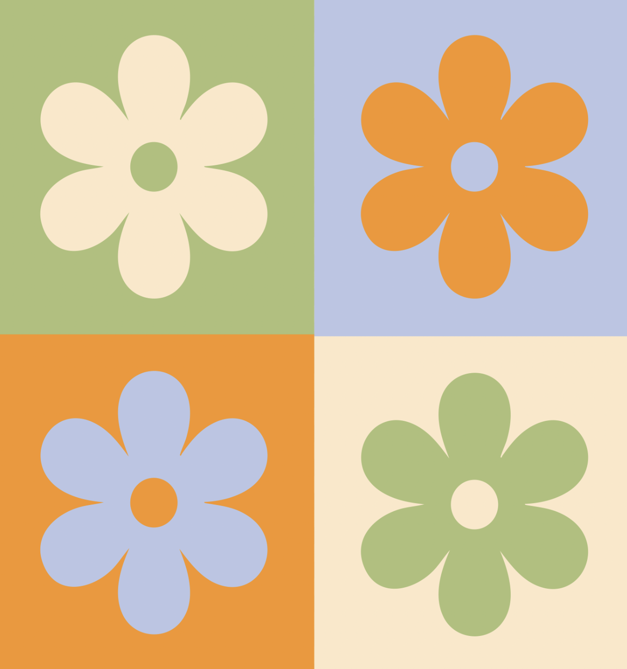 Four stylized six-petal flowers in a grid with contrasting pastel colors of green, orange, blue, and beige.