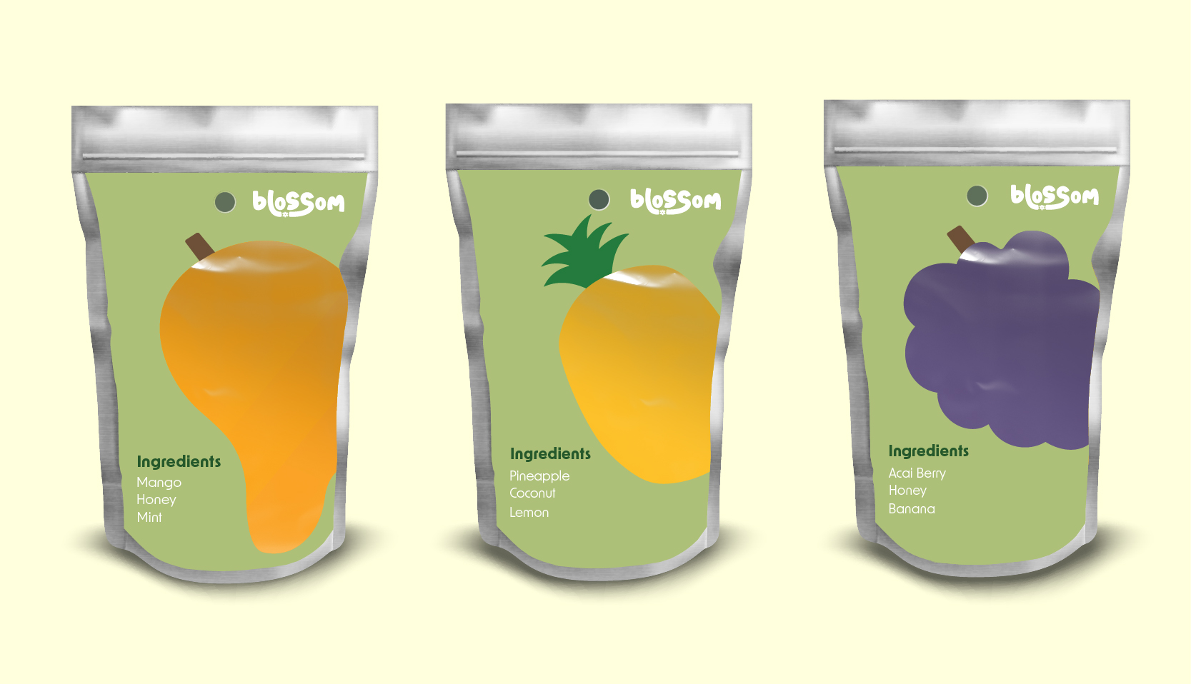 Three green Blossom brand juice small pouches with ingredients: acai berry, mango, & pineapple.