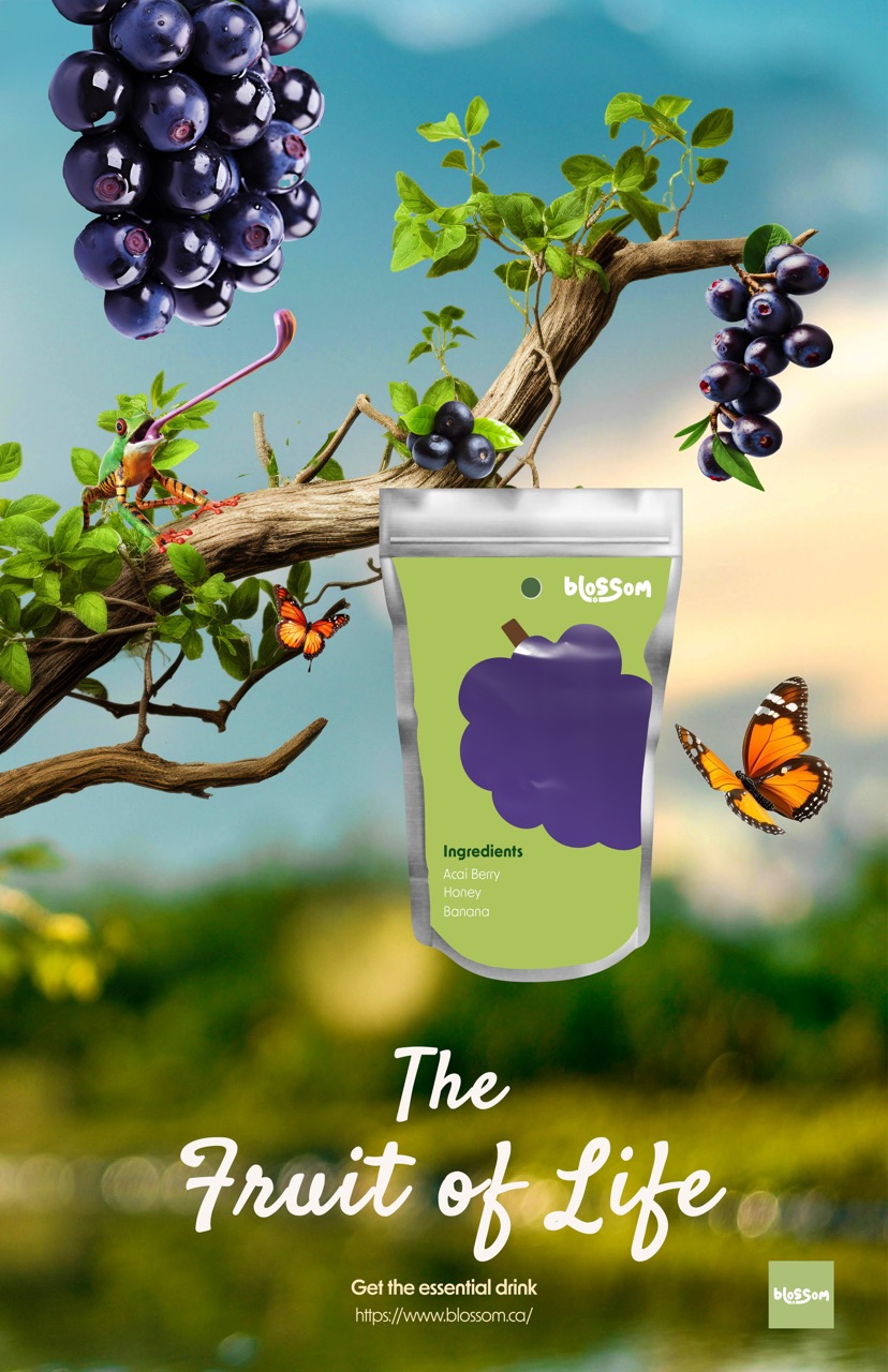 Package of Blossom acai berry drink surrounded by acai berries, a frog, and butterflies on a tree branch with the text 'The Fruit of Life'.