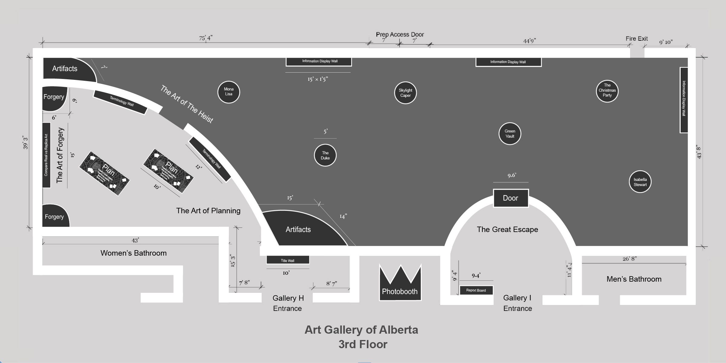 Floor plan of the Art Gallery of Alberta 3rd Floor showing sections like The Art of the Heist, The Art of Forgery, The Art of Planning, and The Great Escape with labeled artworks and facilities.