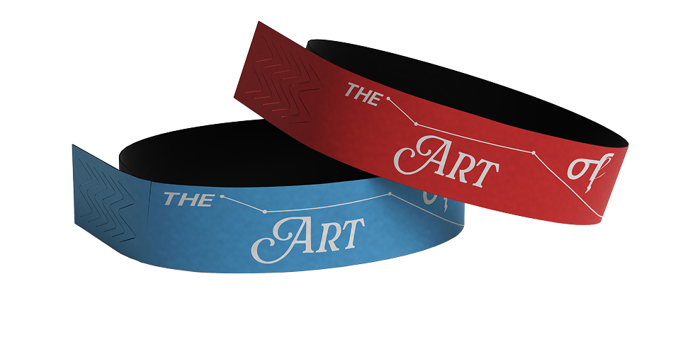 Two admission wristbands, one blue and one red, each featuring the phrase  with a constellation-like design.