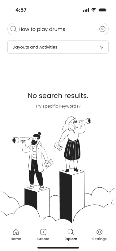 Mobile app screen showing search with no results found and cartoon of a man and woman standing on columns looking through telescopes.