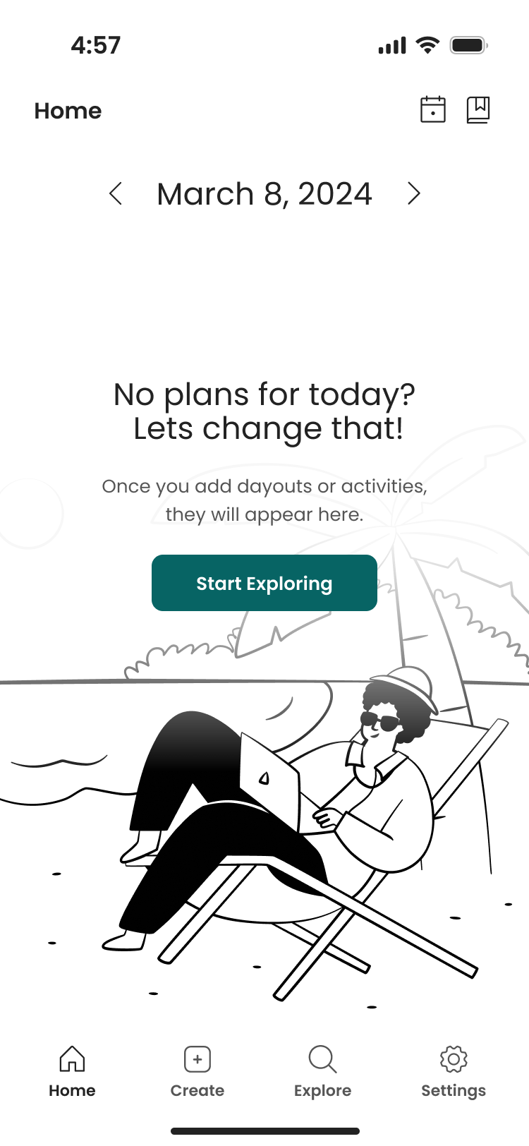 Mobile app home screen showing a person relaxing on a beach chair with a laptop under a palm tree and a prompt to start exploring plans for March 8, 2024.