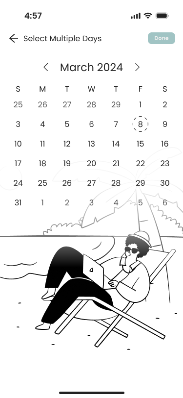 Mobile calendar multi selection screen displaying March 2024 with the 8th selected and an illustration of a person lounging on a beach chair under an umbrella using a laptop.