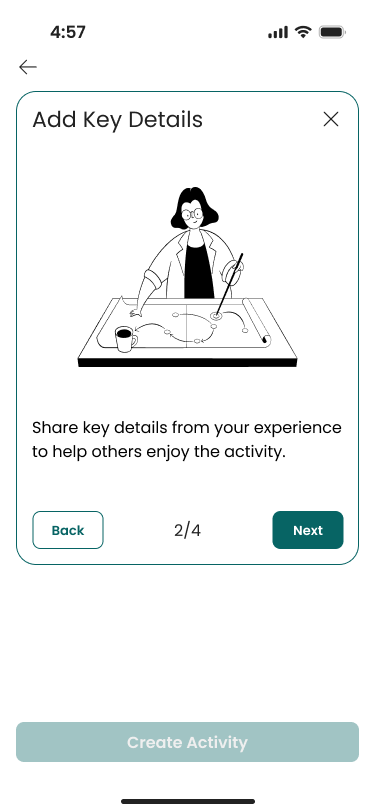 Add Key Details to activity step 2 with illustration of a woman pointing at a strategic plan on a table, with text prompting to share key details from experience to help others
