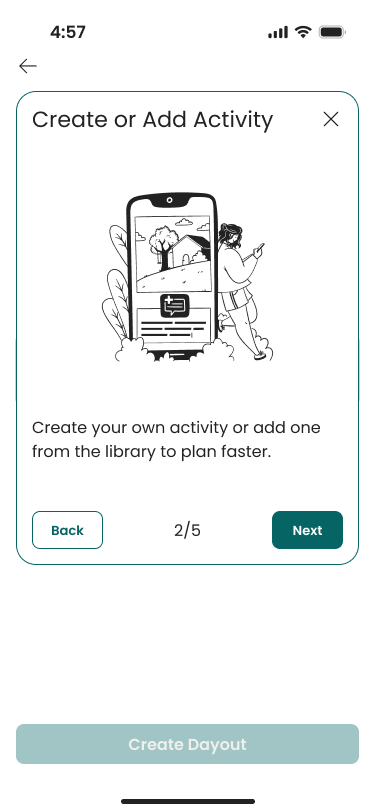 Create or Add Activity to dayout step 2 with an illustration of a person standing by a large smartphone displaying a house and a tree, options to navigate back or next, and text encouraging creating or adding activities from the library.