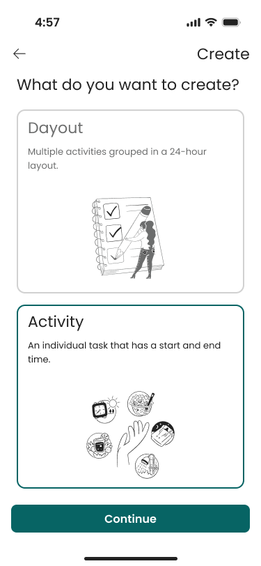 Option to choose what you want to create with activity selected