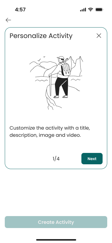 'Personalize Activity' step 1 to create activity with an illustration of a hiker overlooking mountains and a lake, with text prompting to customize the activity with title, description, image, and video.
