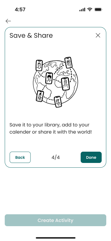 Save & Share step 4 to create activity showing a globe with connected user phones and options to save to library, add to calendar, or share