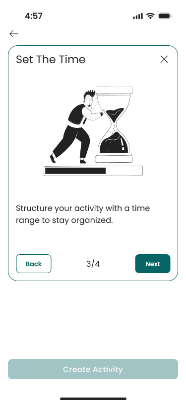 Create Activity step 3 of 4 'Set The Time,' showing a cartoon man pushing an hourglass, and a message encouraging structuring activities with a time range.