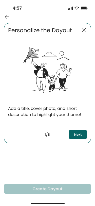 Create Dayout step 1 of 5 with an illustration of two adults and a child holding hands and a kite, a prompt to add a title, cover photo, and description.