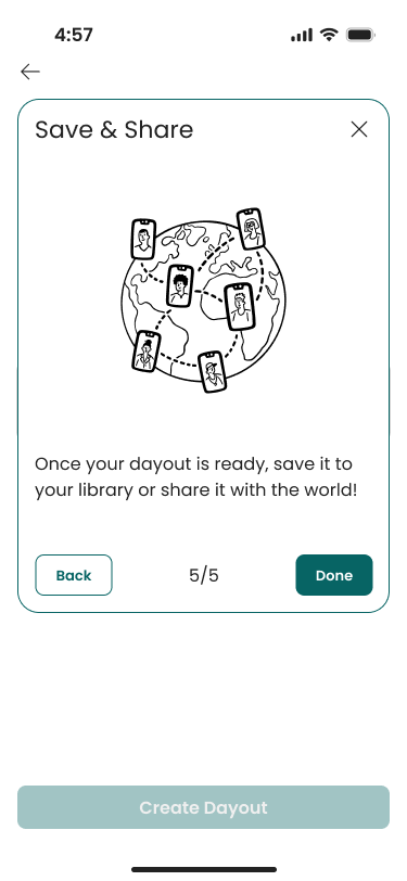 Save & Share step 5 to create dayout showing a globe with connected user phones and options to save to library, add to calendar, or share