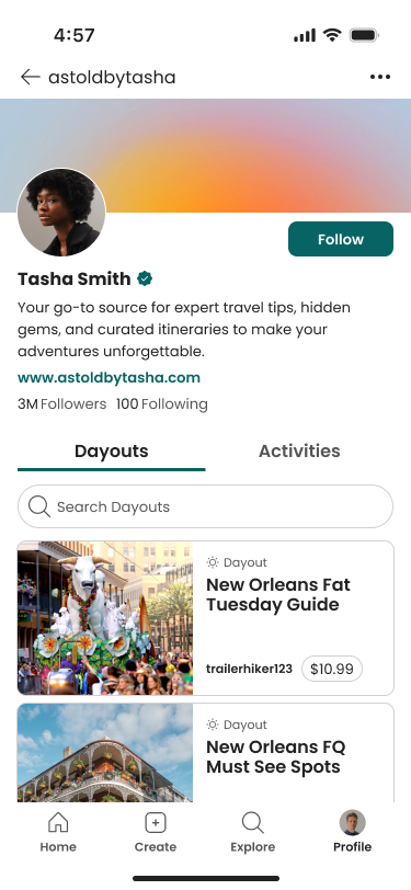 Mobile app profile of travel expert Tasha Smith with travel guides for New Orleans, including must-see spots.