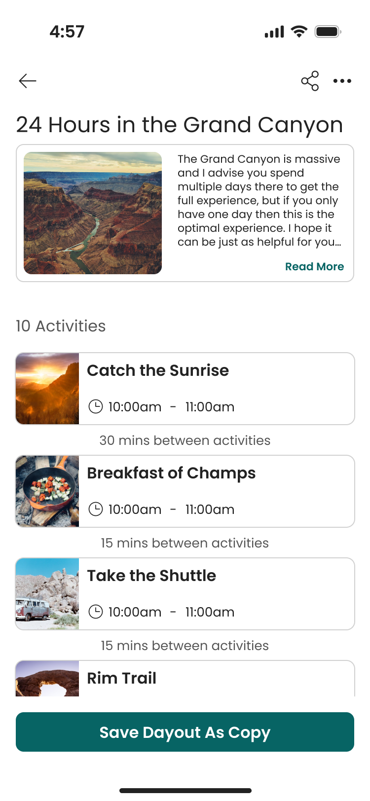 Dayout titled '24 Hours in the Grand Canyon' showing an overview with an image of the canyon, description, and a list of activities including Catch the Sunrise, Breakfast of Champs, Take the Shuttle, and Rim Trail, with times and breaks between activities.