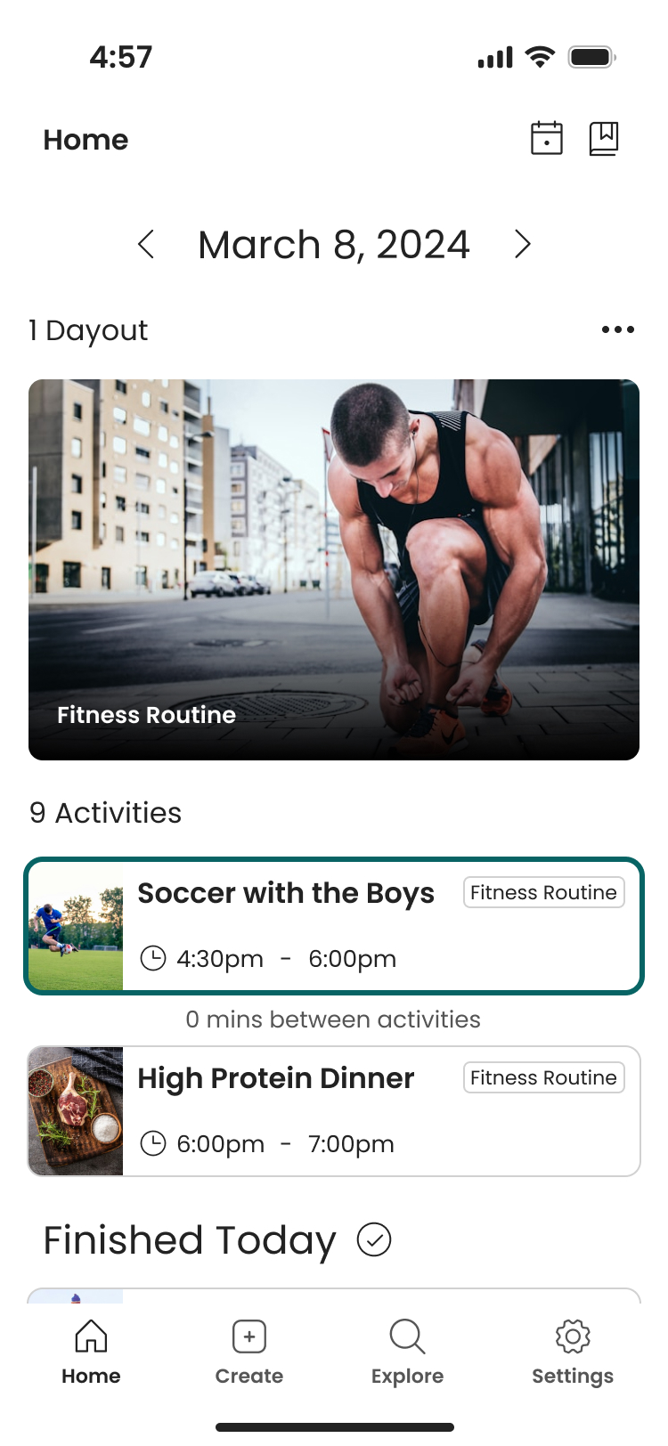 Fitness app screen showing March 8, 2024, with a fitness routine image of a man tying his shoe, scheduled activities including soccer with the boys from 4:30pm to 6:00pm and high protein dinner from 6:00pm to 7:00pm.