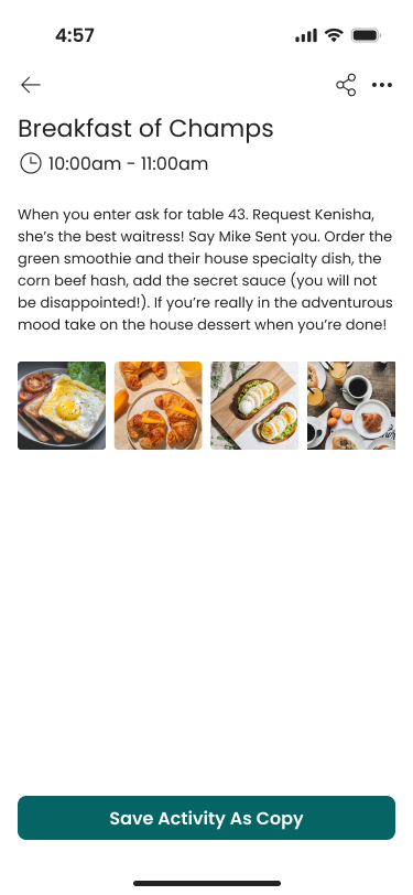 Mobile app screen showing 'Breakfast of Champs' event from 10:00am to 11:00am with a note to ask for table 43 and order corn beef hash with secret sauce, plus images of breakfast dishes including eggs, croissants, avocado toast, and coffee.