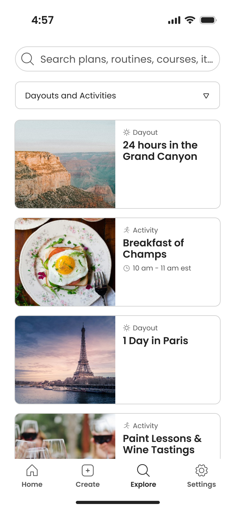 Mobile app Explore screen showing search bar, category dropdown, and four results: 24 hours in the Grand Canyon, Breakfast of Champs at 10-11 am EST, 1 Day in Paris, and Paint Lessons & Wine Tastings