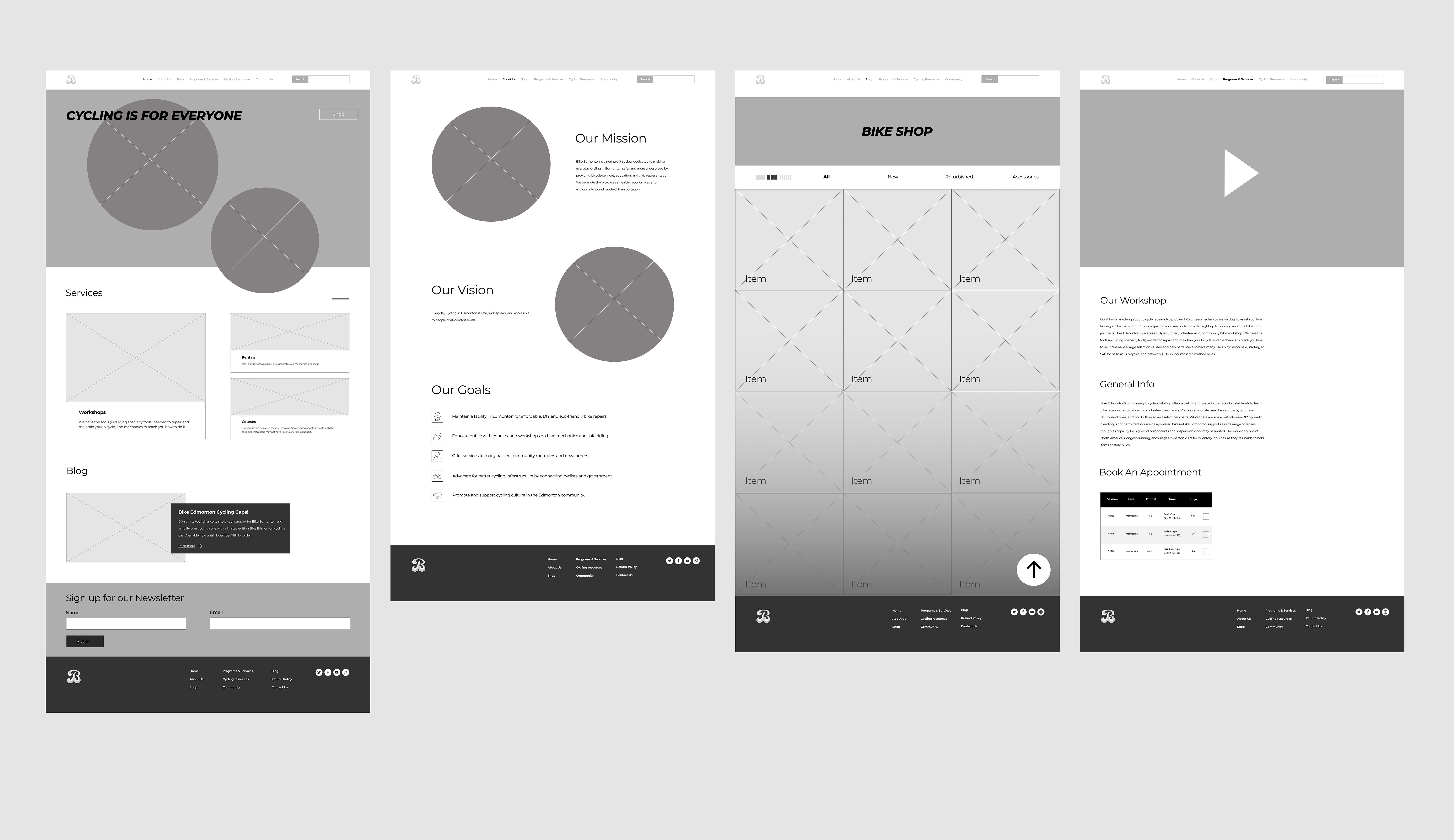 Four low fidelity wireframes for bike edmonton sections for home, about, bike shop, and workshops.