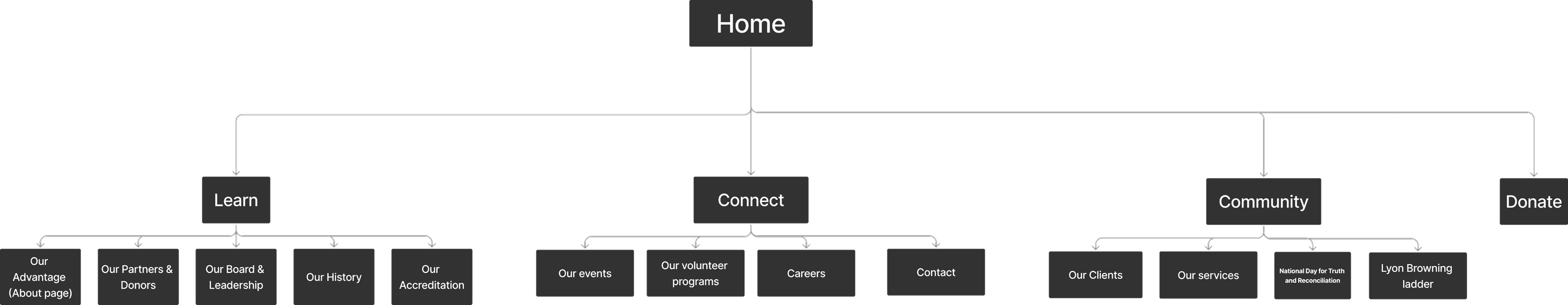 Website sitemap diagram showing Home connecting to Learn, Connect, Community, and Donate sections with their respective subpages.