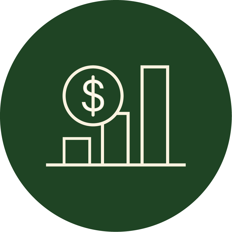 Bar chart with three ascending bars and a dollar symbol inside a circle, representing financial growth.