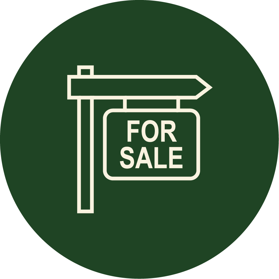 For sale sign hanging from a post inside a dark green circle.
