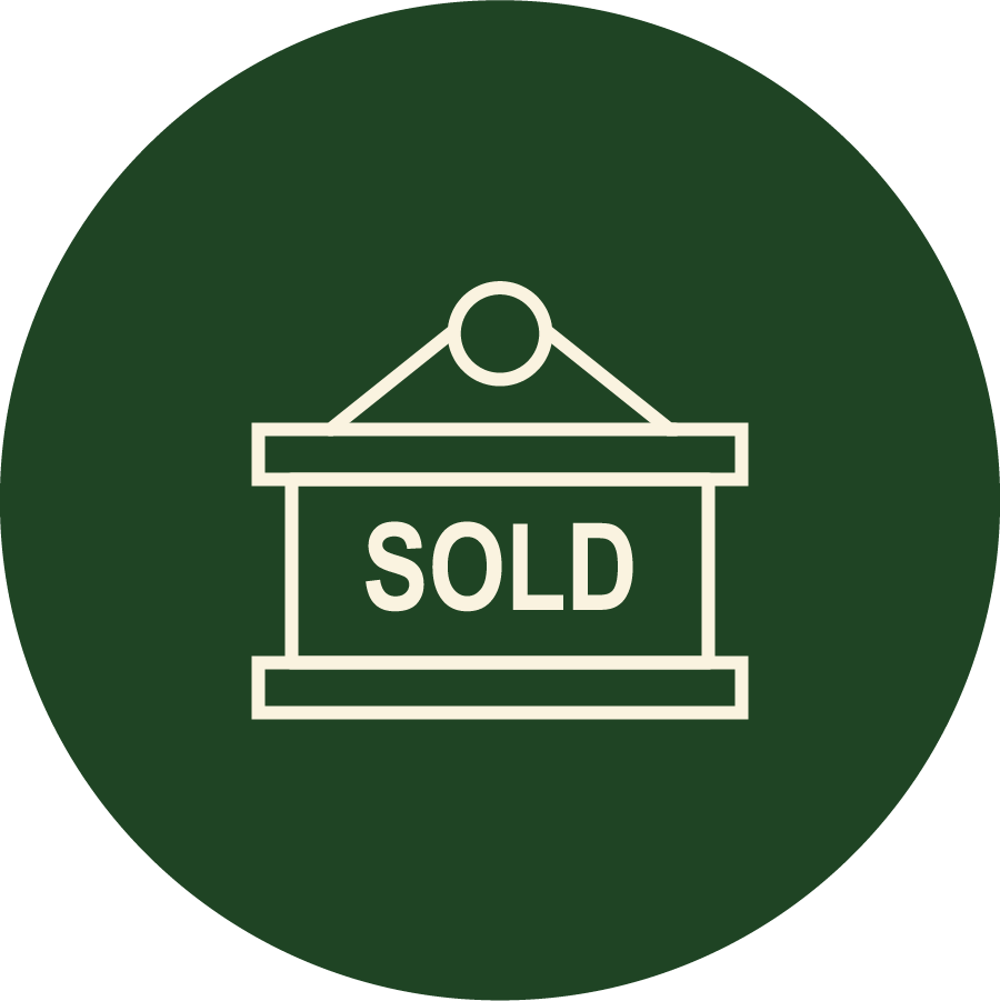 Hanging sign with the word 'SOLD' in the center on a dark green circular background.