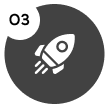 White rocket icon with three exhaust lines inside a dark circle, marked with a small white circle labeled 03.