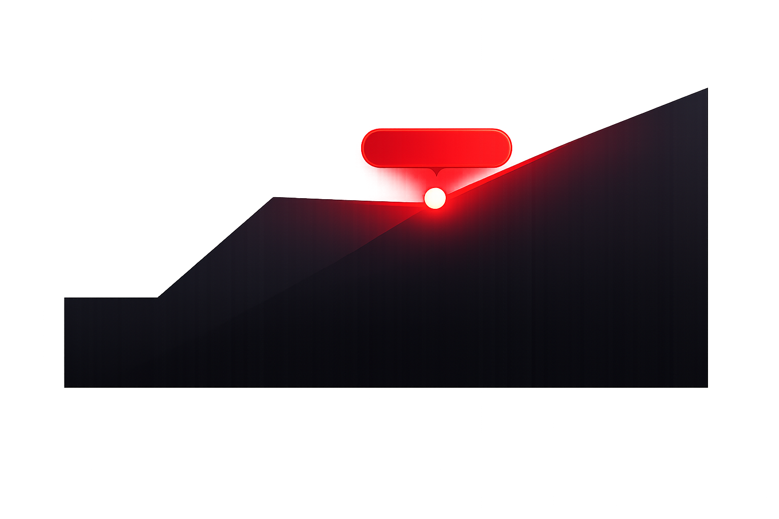 Dark stepped slope with a glowing white sphere near the edge emitting red light and a red speech bubble above it.