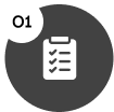 Clipboard icon with checklist inside a dark circle and labeled O1.